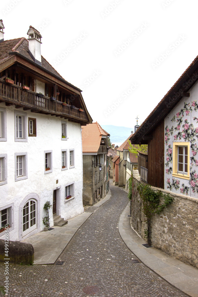 Picturesque curvy alley in the historical town of Estavayer-Le-Lac