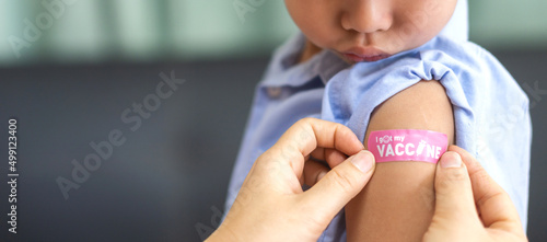 Canvas-taulu Portrait of happy smile vaccinated little asian kid boy children ages 5 to 11 years old posing show arm with medical plaster after Injection vaccine Covid-19 protection