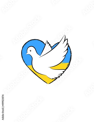 White Dove and Heart with Ukrainian flag in the background. The concept of friendship and unity of the people