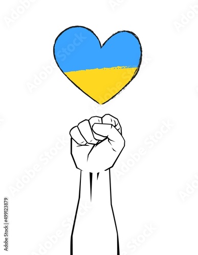 Heart with Ukrainian flag and a fist. The concept of friendship and unity of the people