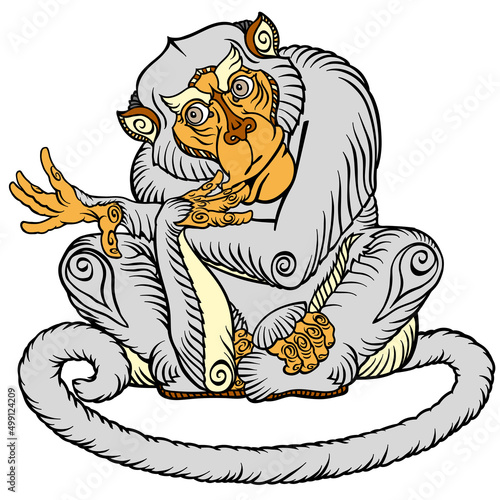 a clever monkey in a sitting pose. Front view. Isolated vector illustration