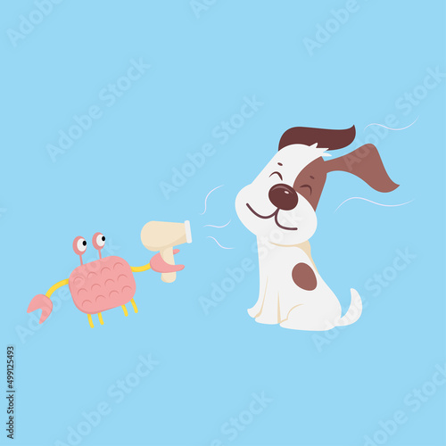 Funny illustration a crab dries a dog with a hair dryer