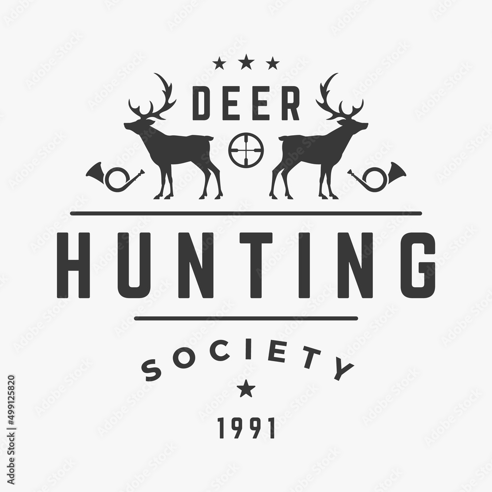 Hunters club with deer and sight vector logo. Horned prey silhouettes with vintage beacons symbol old traditions and rules. Adrenaline fueled animal tracking for valuable trophies.