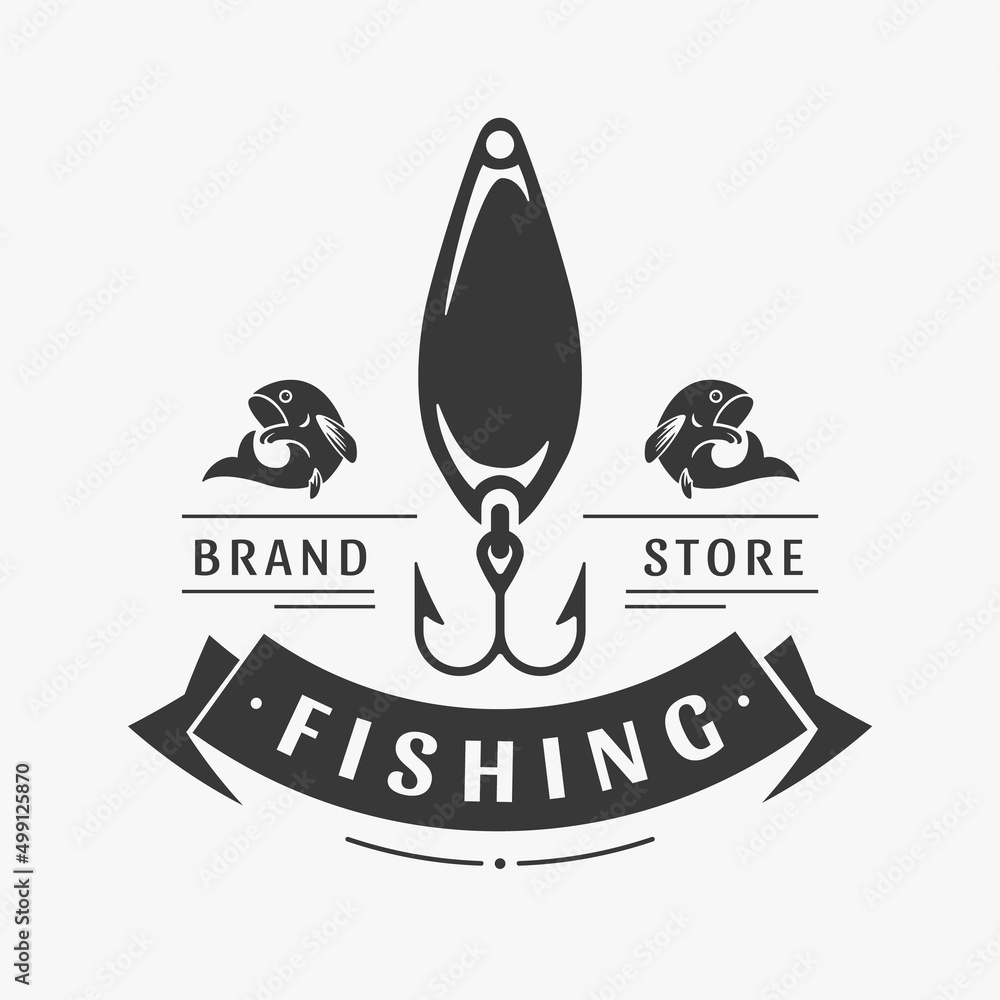 Fishing shops vector logo. Black hook with silhouettes fish on sides symbol of gambling water hunting and long wait worthy catch prey. Variety lures and tackle for comfortable fishing. Fishing shops vector logo. Black hook with silhouettes fish on sides symbol of gambling water hunting and long wait worthy catch prey. Variety lures and tackle for comfortable fishing.