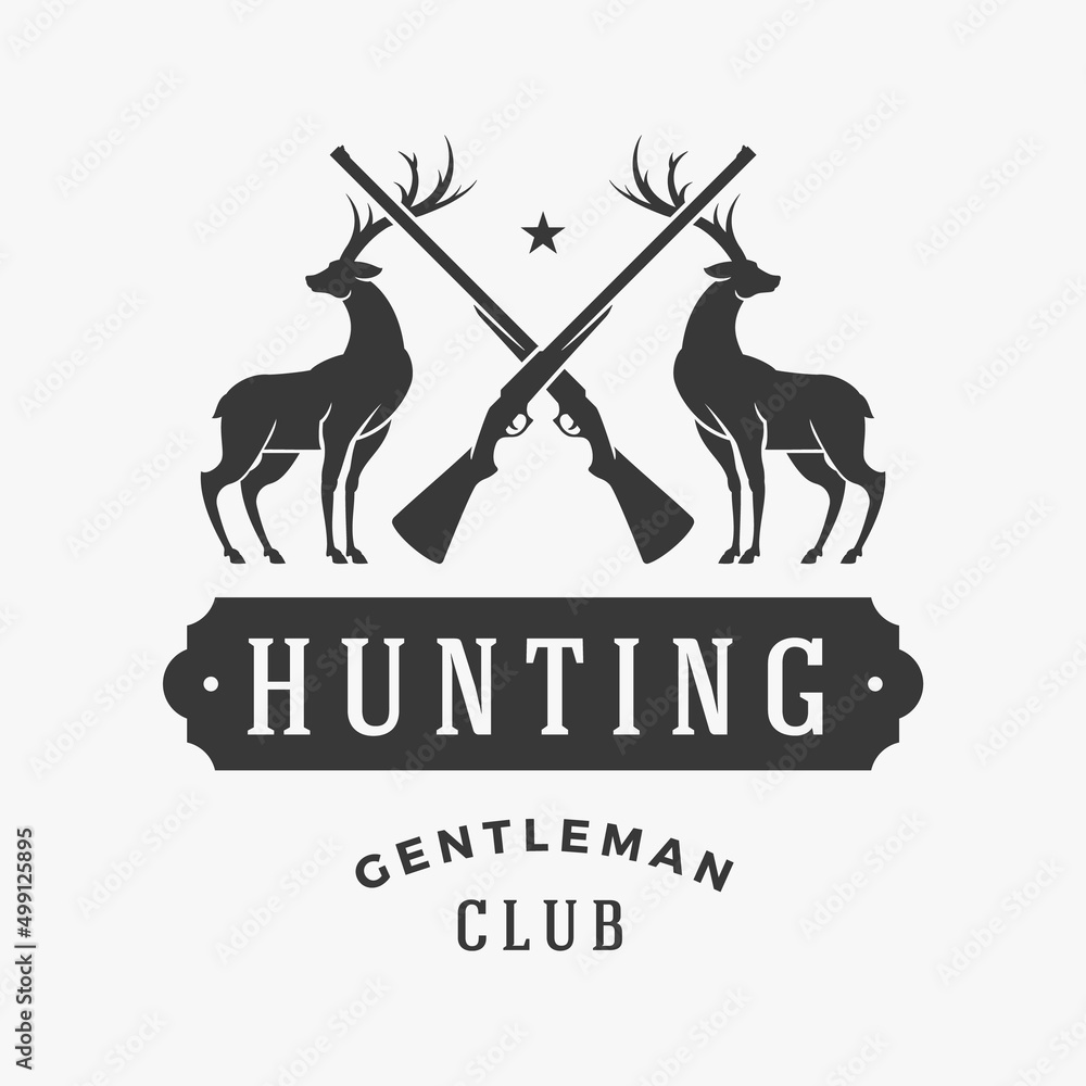 Gentlemens hunting club vector logo. Silhouettes proud deer with crossed guns symbol of gambling and elite monochrome prey. Fueled animal tracking for adrenaline valuable trophies.