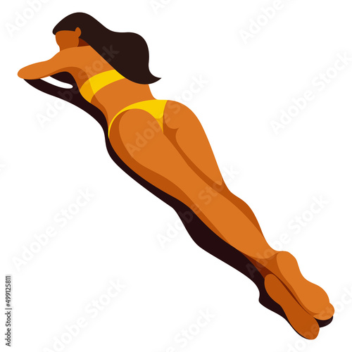 vector illustration on the theme of summer holidays. beautiful young tanned girl in a yellow swimsuit sunbathes on the beach. useful for advertising summer vacations, resorts, hotels, beaches, print