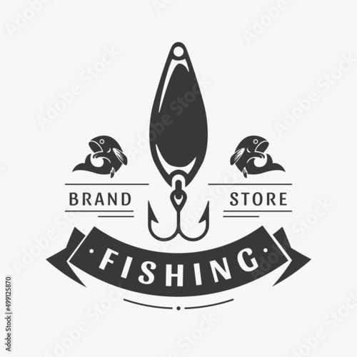 Fishing shops vector logo. Black hook with silhouettes fish on sides symbol of gambling water hunting and long wait worthy catch prey. Variety lures and tackle for comfortable fishing.