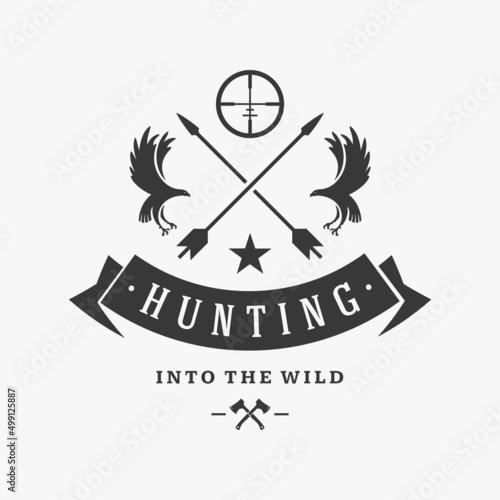 Hunters club with crossed arrows and attacking birds vector logo. Silhouette of elite organization professional shooters with variety equipment. Precise sight weapon to capture best trophy.