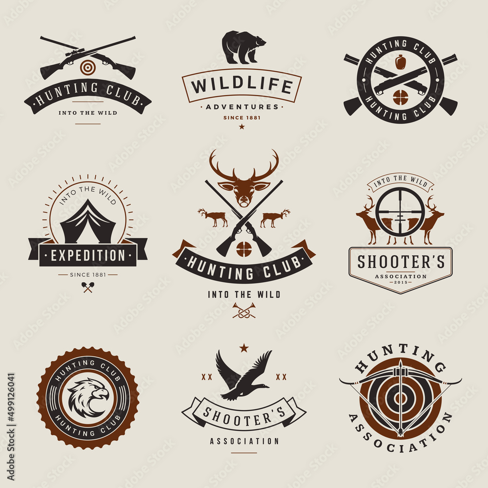 Shooting and hunting vintage clubs vector logos set. Black silhouette ...