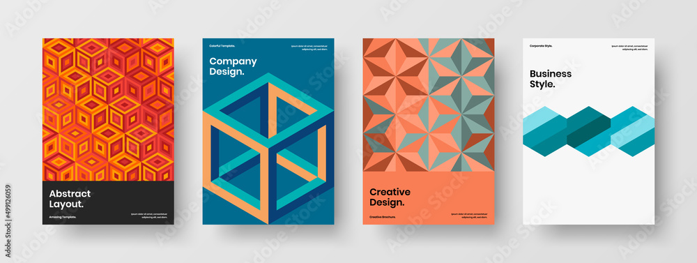 Minimalistic geometric pattern brochure template composition. Abstract magazine cover A4 design vector illustration bundle.