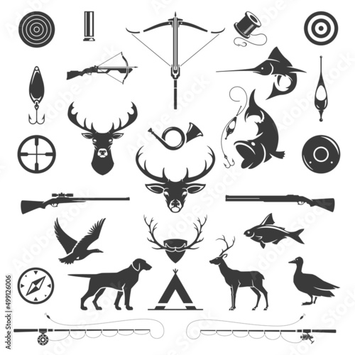 Murais de parede Hunting and fishing vintage vector silhouettes set