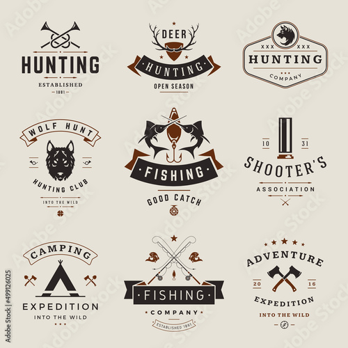 Hunting clubs and fish associations vintage vector logos set. Silhouette wolf head with black antlers on red shield emblem. Crossed fish swords with fishing hook and marine rods stamp.