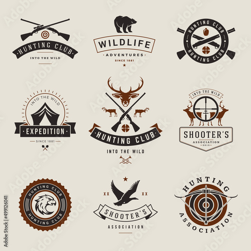 Shooting and hunting vintage clubs vector logos set. Black silhouette hunting contour trophy with crossed guns for retro club. Lucky shooter wall decoration in elegant victorian style.
