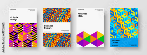 Modern company cover A4 design vector concept composition. Bright geometric shapes placard illustration set.