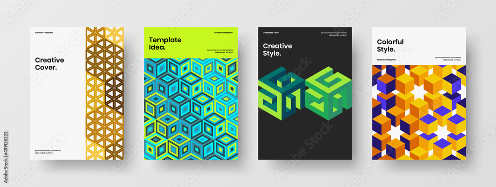 Isolated brochure A4 design vector concept collection. Minimalistic mosaic shapes booklet layout set.