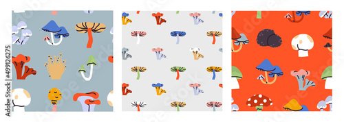 Mushrooms seamless pattern set. Trendy cartoon style vector objects, illustrations. Champignon, chanterelle, boletus print. Whimsical pack in red, blues, green and browns can be used a variety 