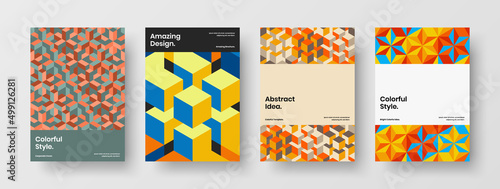 Colorful brochure A4 vector design concept bundle. Isolated mosaic pattern flyer layout composition.