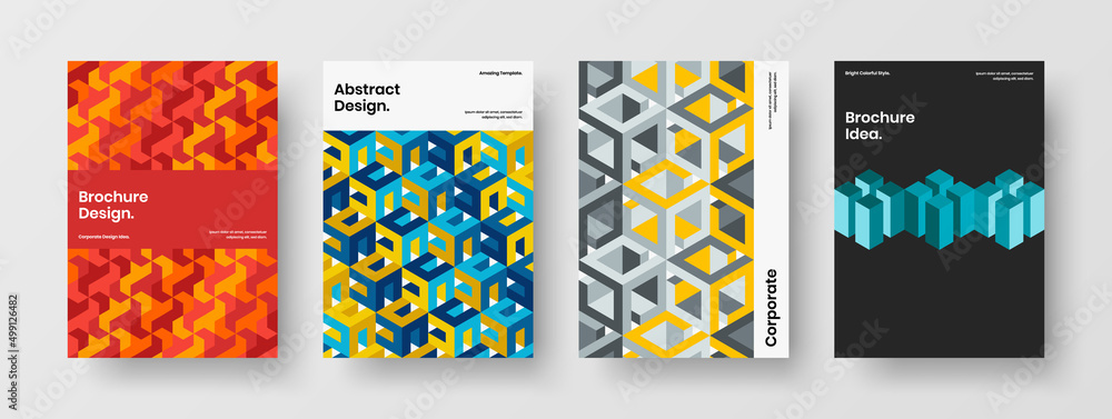Colorful geometric hexagons corporate brochure concept bundle. Multicolored book cover A4 vector design template set.