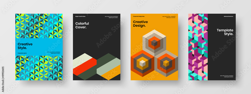 Simple postcard design vector concept set. Trendy mosaic hexagons handbill illustration bundle.