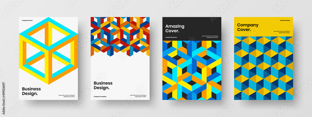 Simple pamphlet vector design layout collection. Clean mosaic hexagons postcard template set. Simple pamphlet vector design layout collection. Clean mosaic hexagons postcard template set.