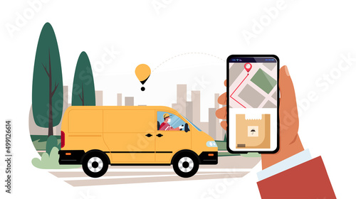 Delivery service concept, courier character riding yellow delivery car, hand holding smartphone with location. Vector illustration in flat style. Delivery tracking concept. Tracking app and logistics