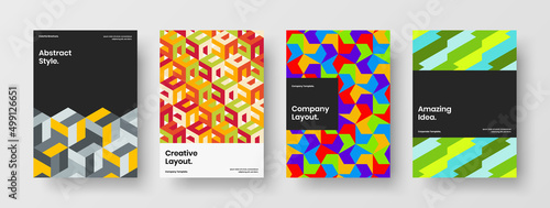 Abstract journal cover design vector concept set. Bright geometric shapes front page illustration bundle.