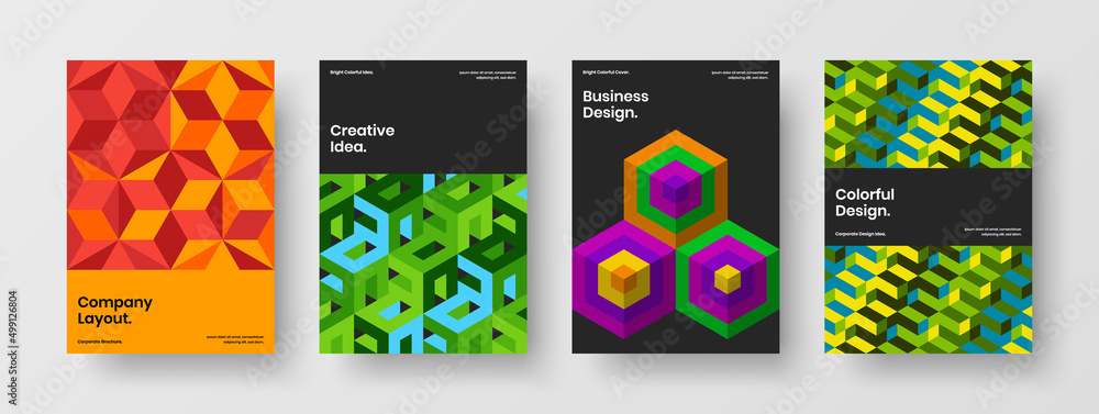 Creative book cover A4 vector design illustration bundle. Bright geometric hexagons corporate brochure template set.