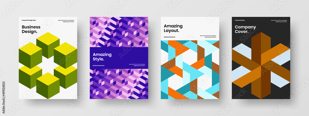 Simple pamphlet A4 vector design illustration bundle. Vivid mosaic pattern corporate identity template collection.