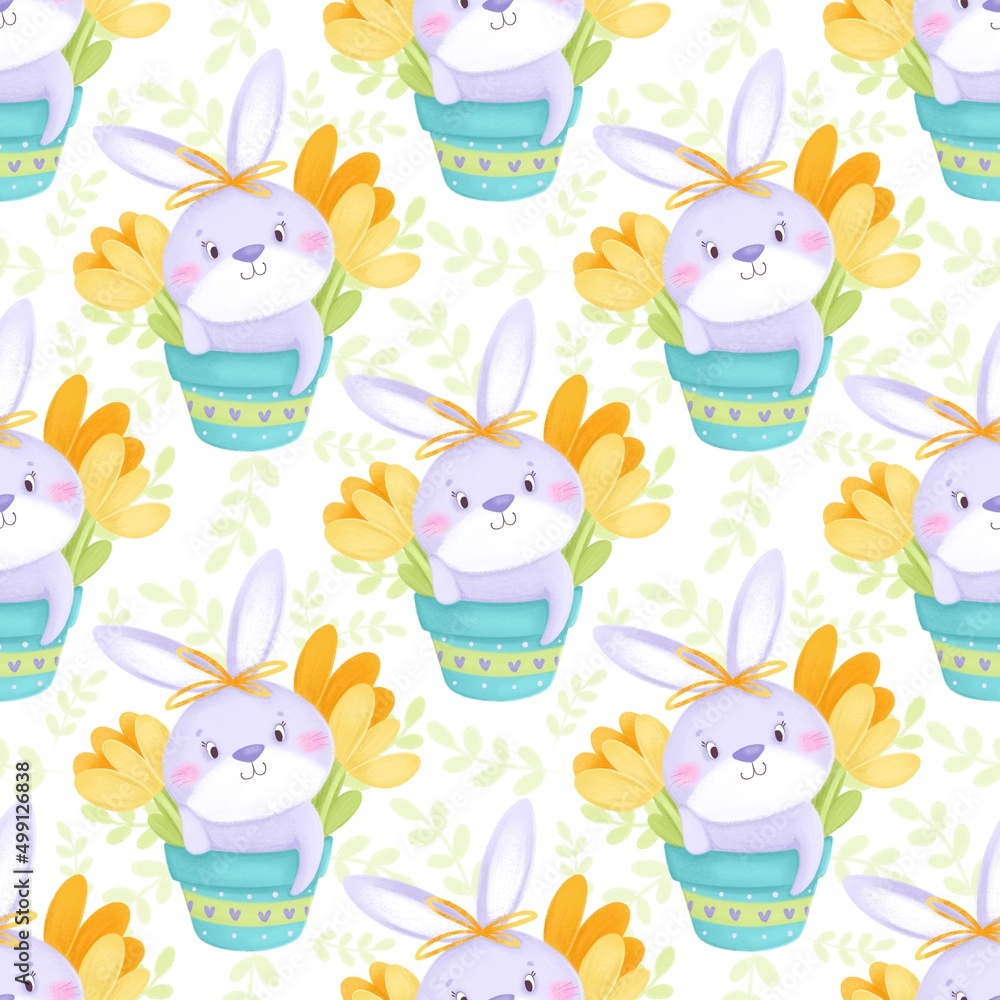 Seamless pattern with cute rabbits and tulips Seamless pattern with cute rabbits and tulips