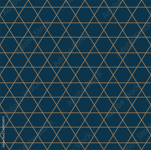 Art deco line art. Triangular grid pattern in gold and blue color. Decorative seamless background.
