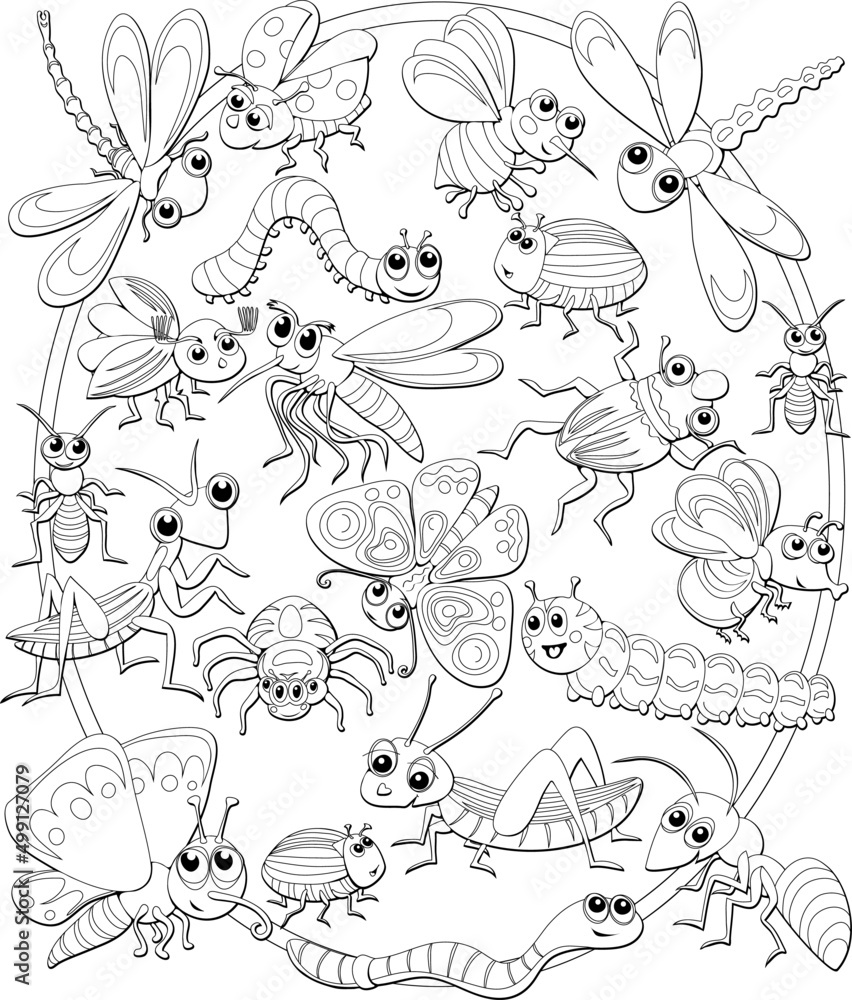 Outlined doodle anti-stress coloring page cute bugs and other insects. Coloring book page for adults and children