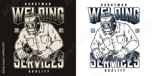 Welding worker in mask monochrome emblem