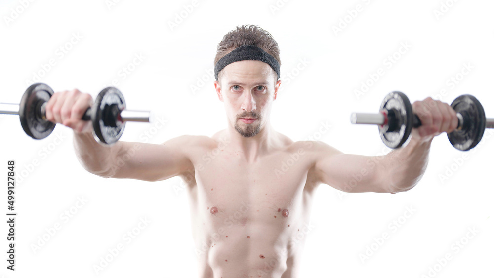 Lateral raise weight lifting exercise strong man on white background Lateral raise weight lifting exercise strong man on white background
