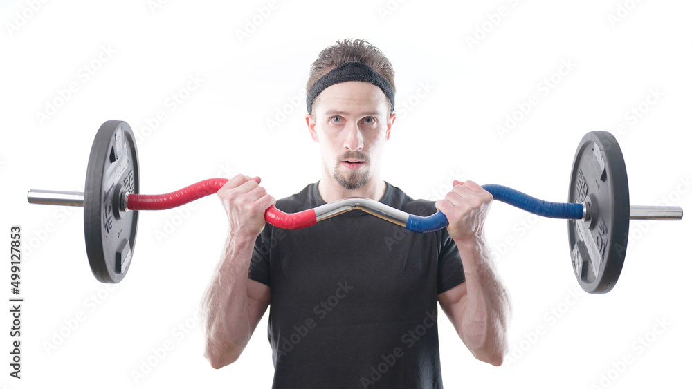 Man in black shirt on white background doing barbell bicep curl exercise Man in black shirt on white background doing barbell bicep curl exercise