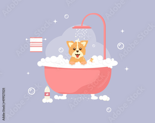 Grooming salon. Cheerful dog  bathes in the bathroom. Dog illustration for grooming salon pet grooming