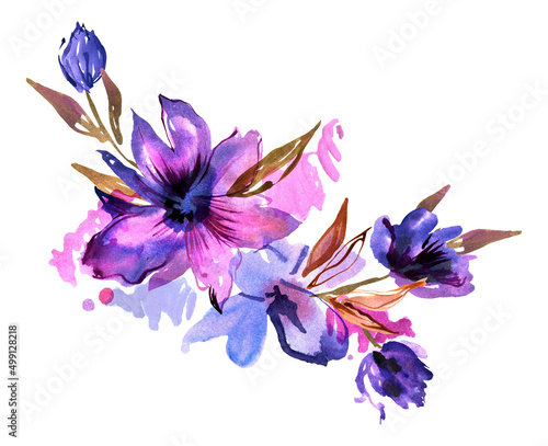 Watercolor hand painted purple flowers. For design of invitations, greeting cards. High quality photo