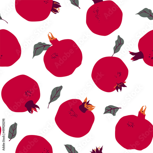 Seamless pattern with pomegranate fruits and leaves. Vector drawing, texture on a white background with garnets. Print for fabric, juice packaging, website design.