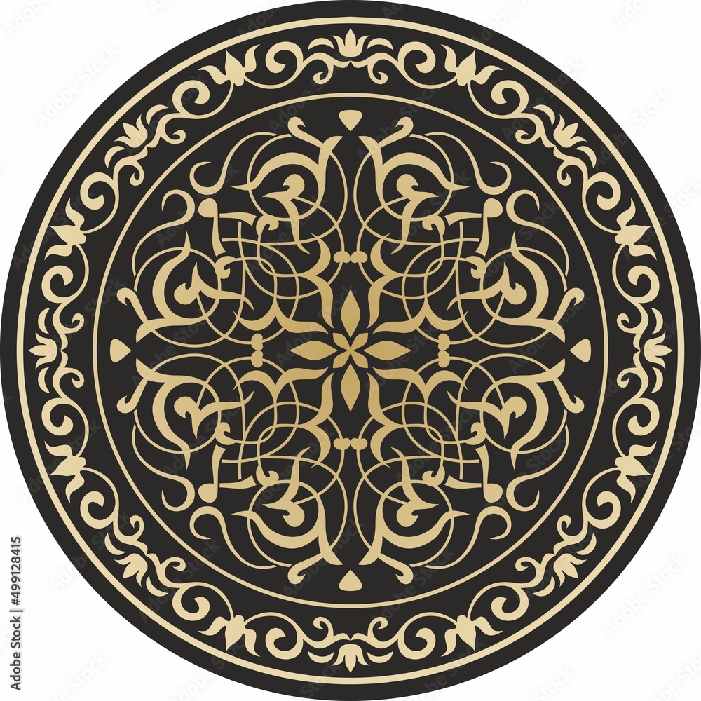 Vector round golden classic ornament. A circle with a europe gold pattern on the black background. Ceiling decoration, ancient Rome, Greece