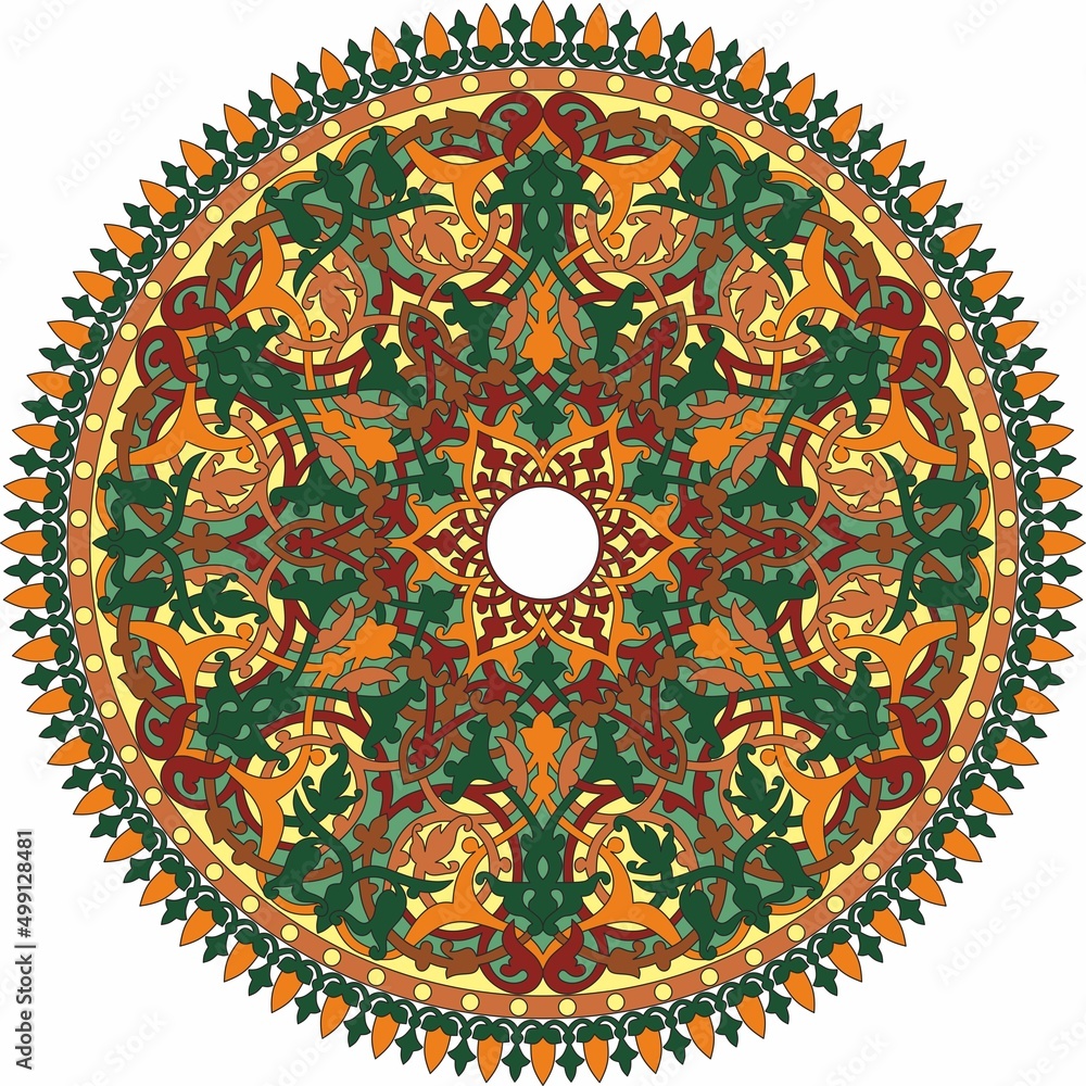 Vector round colored Arabic national ornament. Endless vegetable.Pattern of eastern peoples of Asia, Africa, Persia, Iran, Iraq.