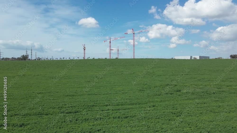 cranes at green fields in blu sky at southern district city sderot cranes at green fields in blu sky at southern district city sderot