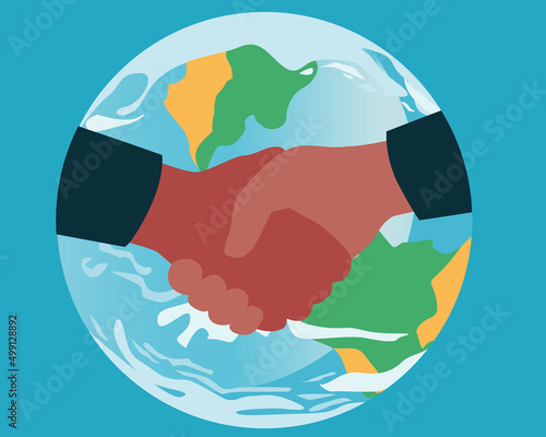 Handshake and planet Earth, flat vector stock illustration as concept of diplomacy, peace, unity