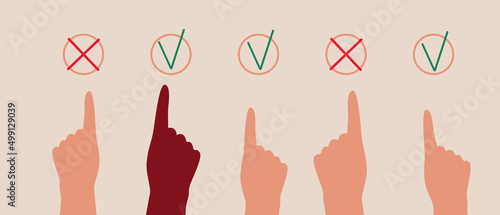 Index finger puts mark, concept of elections, voting and referendums, flat vector stock illustration, people vote