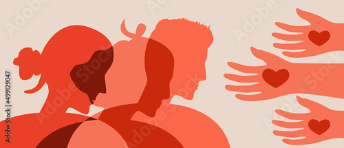 Volunteers' hands as symbol of volunteering, flat vector stock illustration with migrants, refugees or people victims