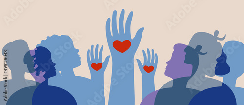 Volunteer hands as symbol of volunteering, flat vector stock illustration with team of people