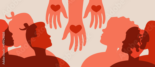 Volunteers' hands as symbol of volunteering, flat vector stock illustration with people victims, migrants and mercy