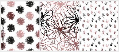 Funny Floral Seamless Vector Patterns. Simple Abstract Freehand Flower Print. Simple Hand Drawn Flowers and Twigs Isolated od a White Background. Cute Abstract Garden Repeatable Design.