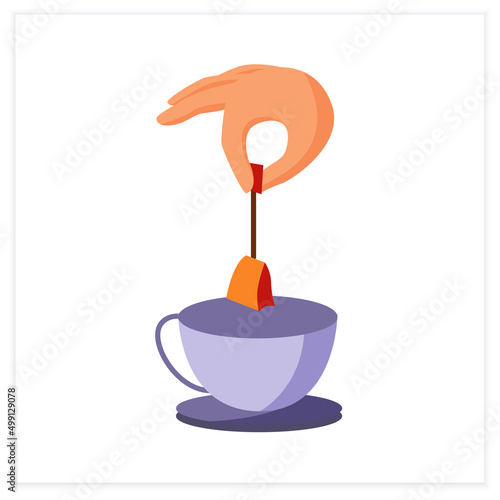  Hot drink flat icon. Hand putting tea bag in teacup. Tea party. Tea and coffee preparation concept. Color vector illustration