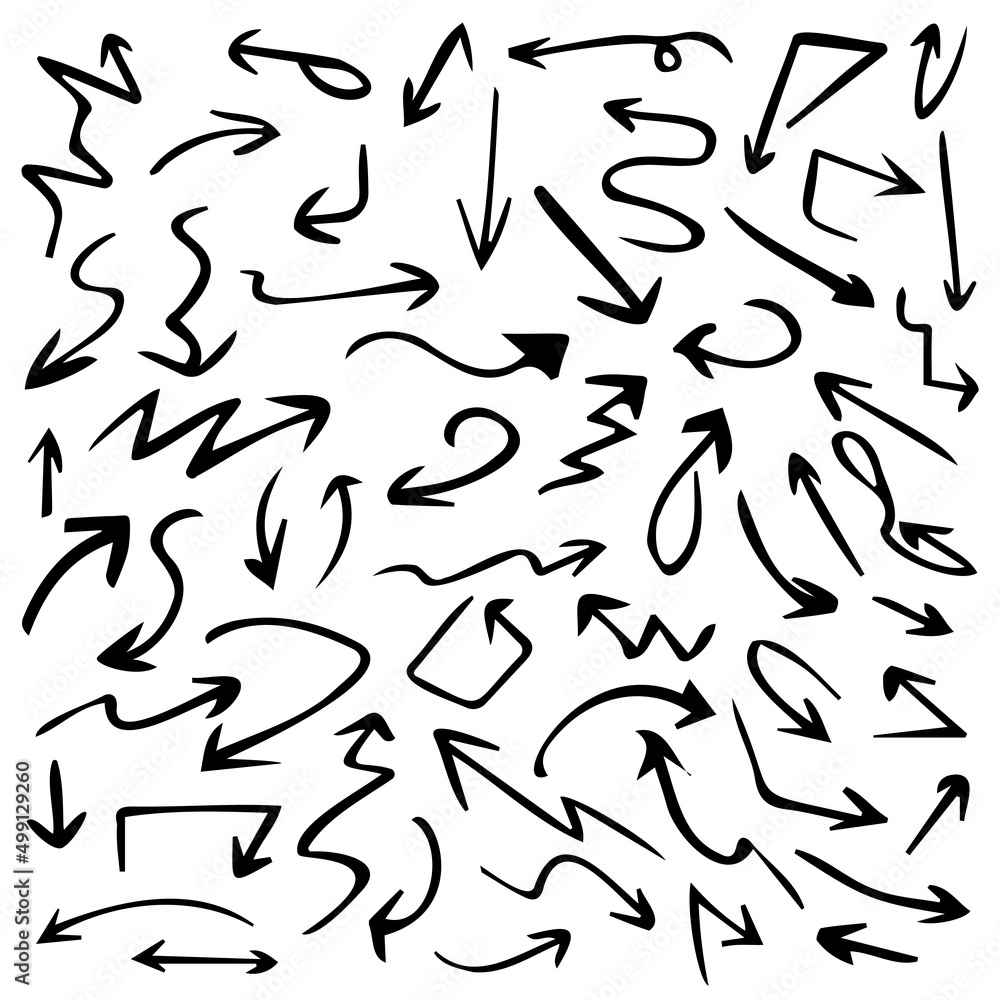 Hand drawn set of arrows. Collection black arrow on white background. Vector illustration. Hand drawn set of arrows. Collection black arrow on white background. Vector illustration.