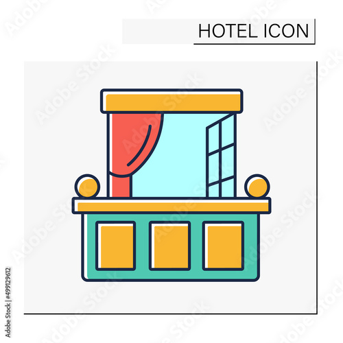  Balcony color icon. Platform enclosed by low wall. Place for dinner in fresh air, romantic date. Hotel concept. Isolated vector illustration