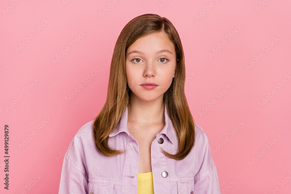 Photo of young pretty girl calm peaceful clever wear casual clothes isolated over pink color background Photo of young pretty girl calm peaceful clever wear casual clothes isolated over pink color background